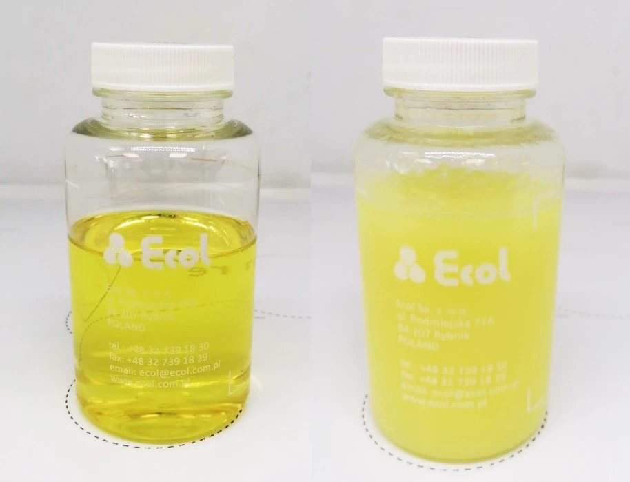 Próbki oleju – z prawej olej z wysoką zawartością zemulgowanej wody