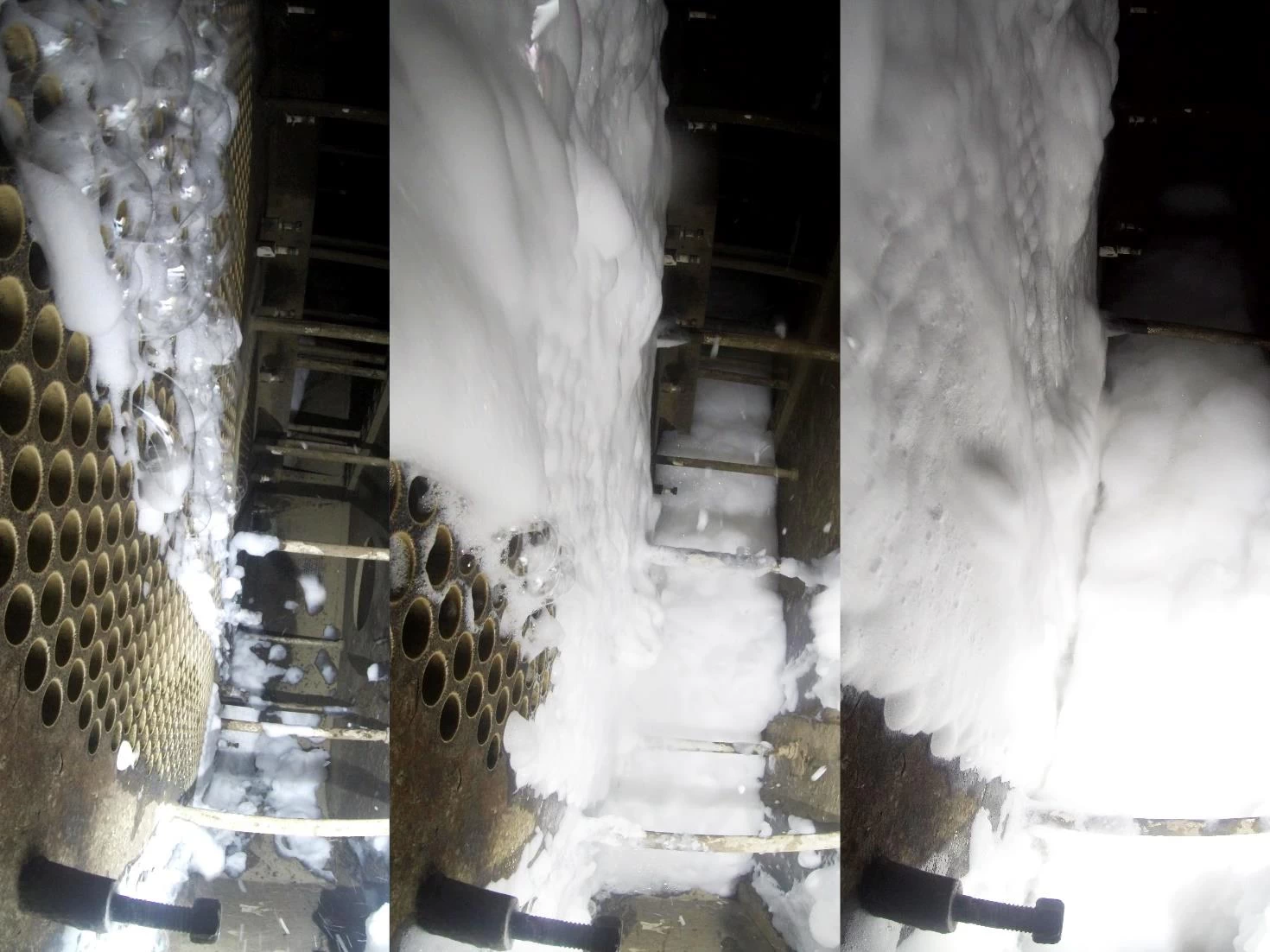 View from inside the reversing chamber during the first foam filling of the condenser